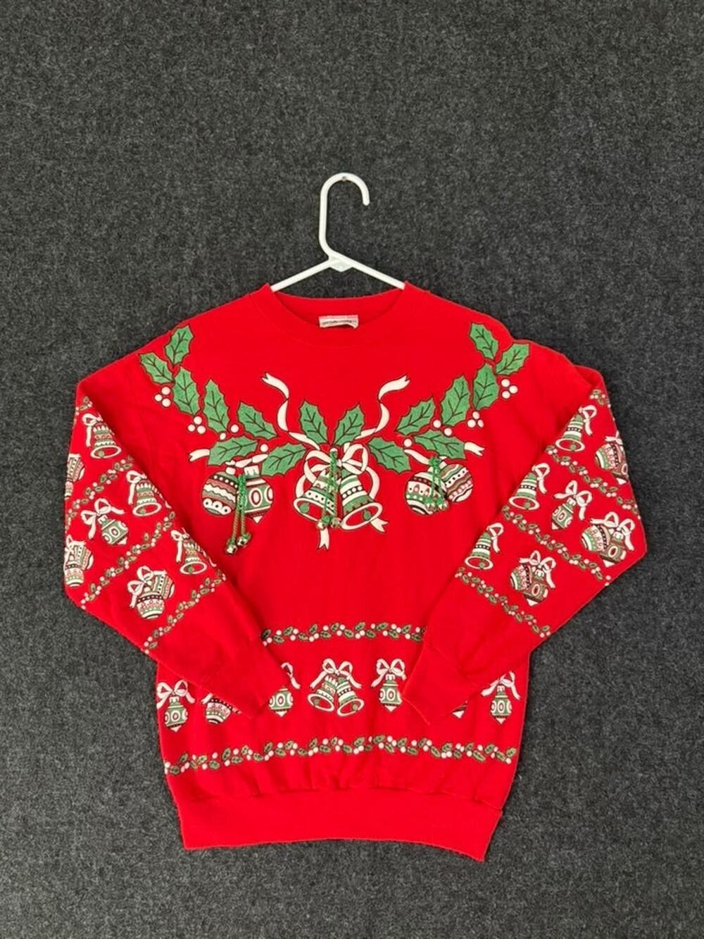 Vintage Sky Lite Christmas Sweater Womens M Red Bells Holly Made USA
